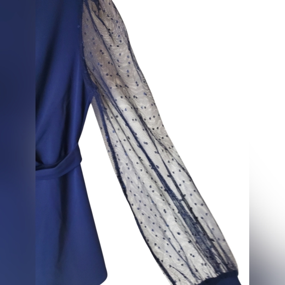 Venus Size M Elegant Navy Wrap Top with Sheer Sleeves - Picture 4 of 7